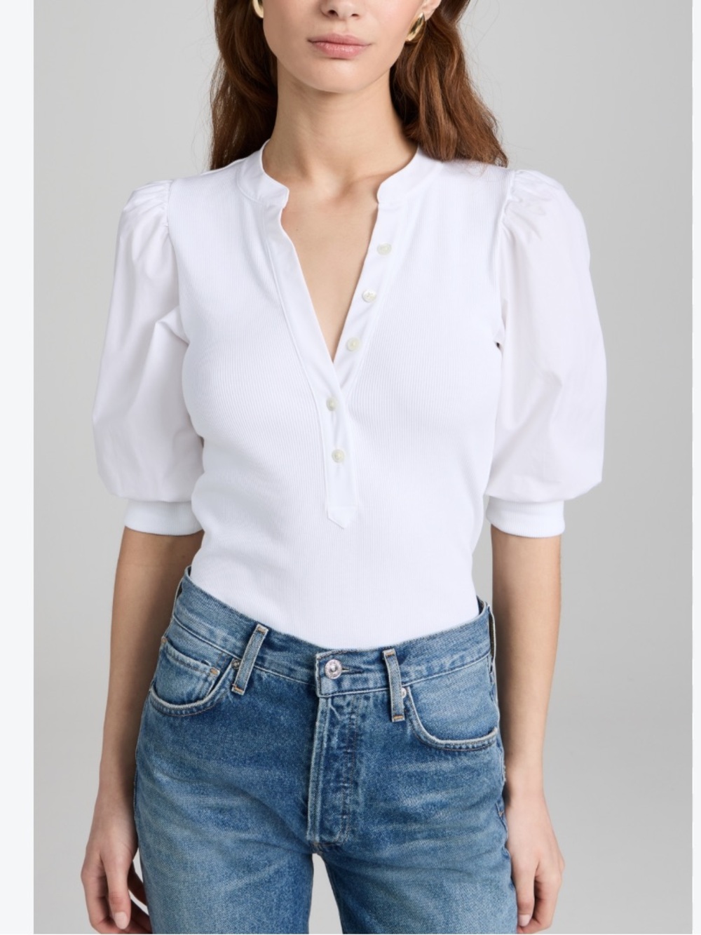 Veronica beard Pima cotton white Coralee puff sleeve Henley top sz xs